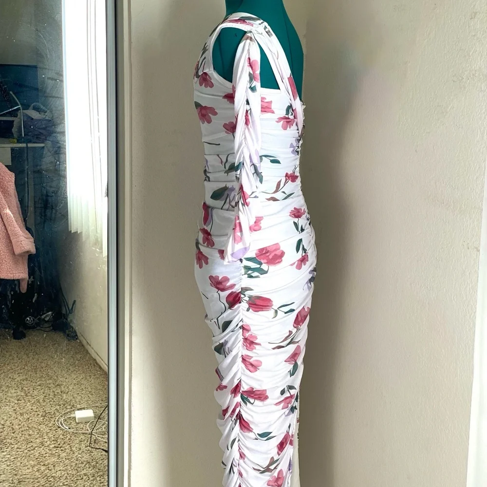 Pink and White One Shoulder Midi Bodycon Dress for Wedding Guest Size M - Picture 2 of 8